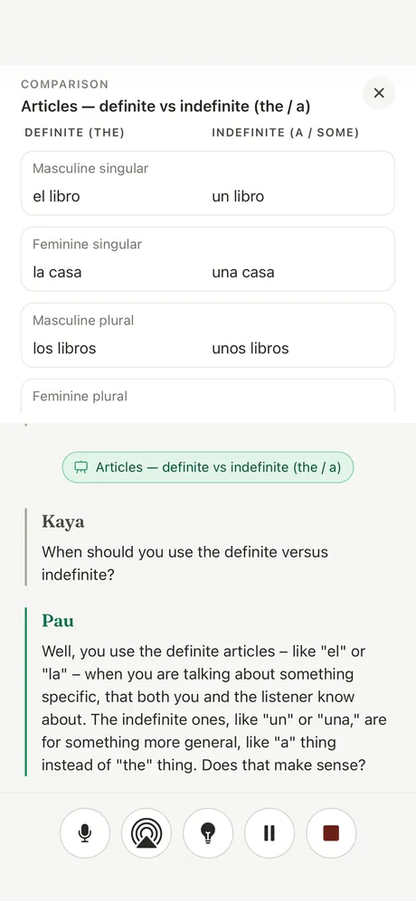 A grammar reference card appearing during a conversation